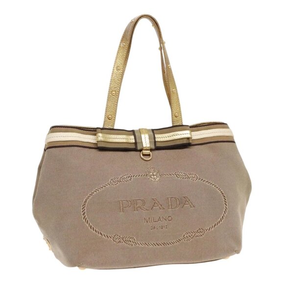 PRADA Hand Bag Canvas Leather Beige Gold Auth 92121 - Picture 1 of 14